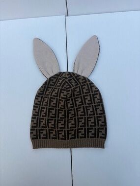 Fendi Kids FF Logo Bunny Ear Knit Hat Size II Brown Cashmere Blend
